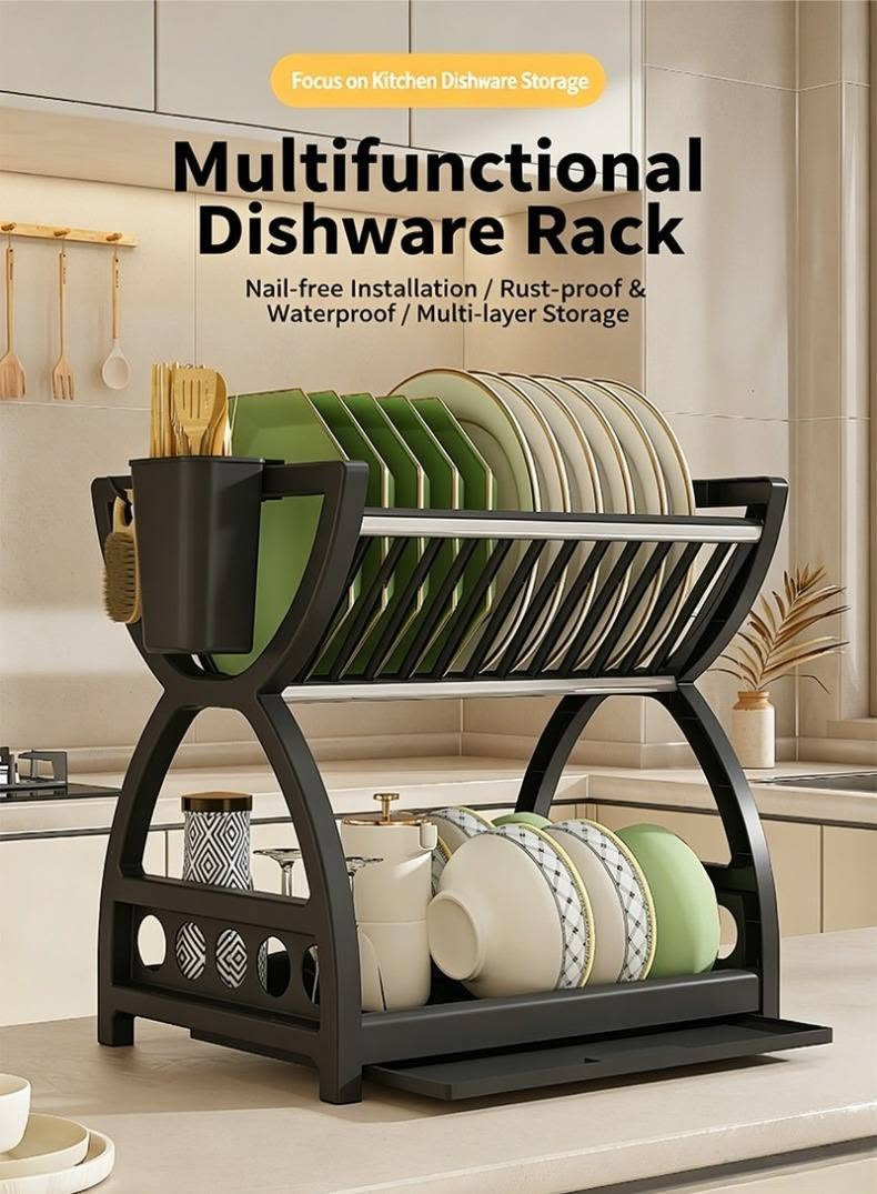2-Tier Dish Drainer with Drain Tray and Cutlery Holder