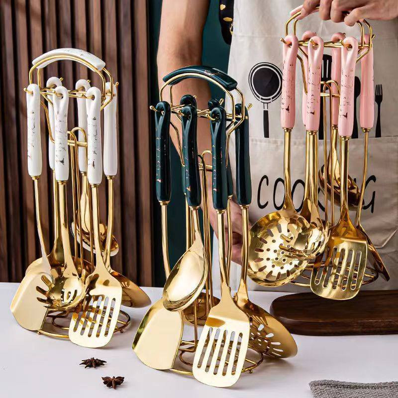 Ceramic Handle Gold  Plated Stainless Steel 7-Piece Kitchen Set
